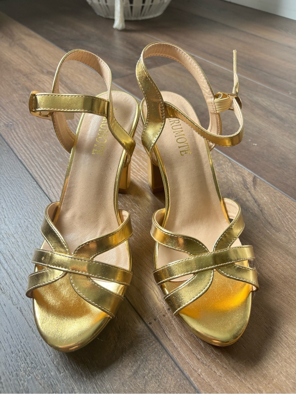Merumote Gold Metallic Strappy Block Heel Sandals for Women